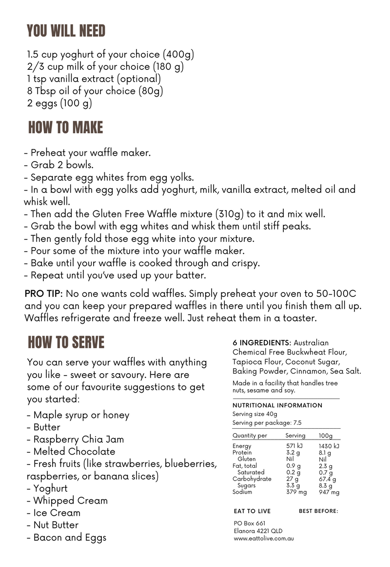 NEW Sensational Buckwheat Waffle Mix (Gluten Free, Grain Free, Dairy Free, Australian made)