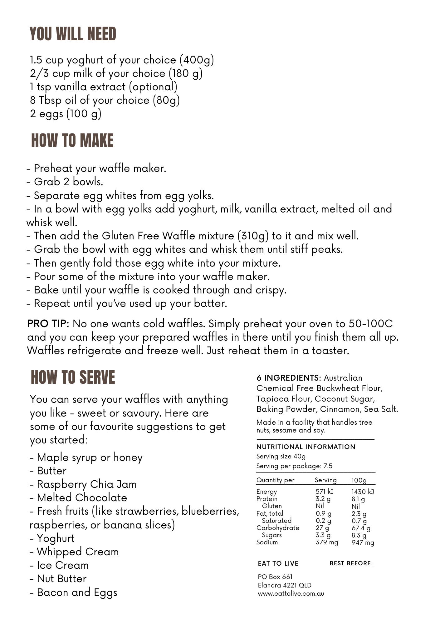 Sensational Buckwheat Waffle Mix (Gluten Free, Grain Free, Dairy Free, Australian made)