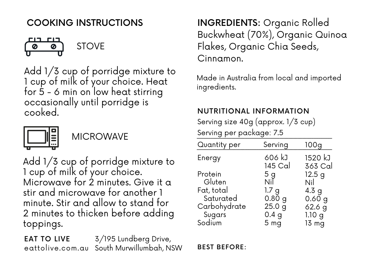 Gluten Free Porridge - Buckwheat, Quinoa & Chia (Grain Free, Sugar Free, Australian Made)