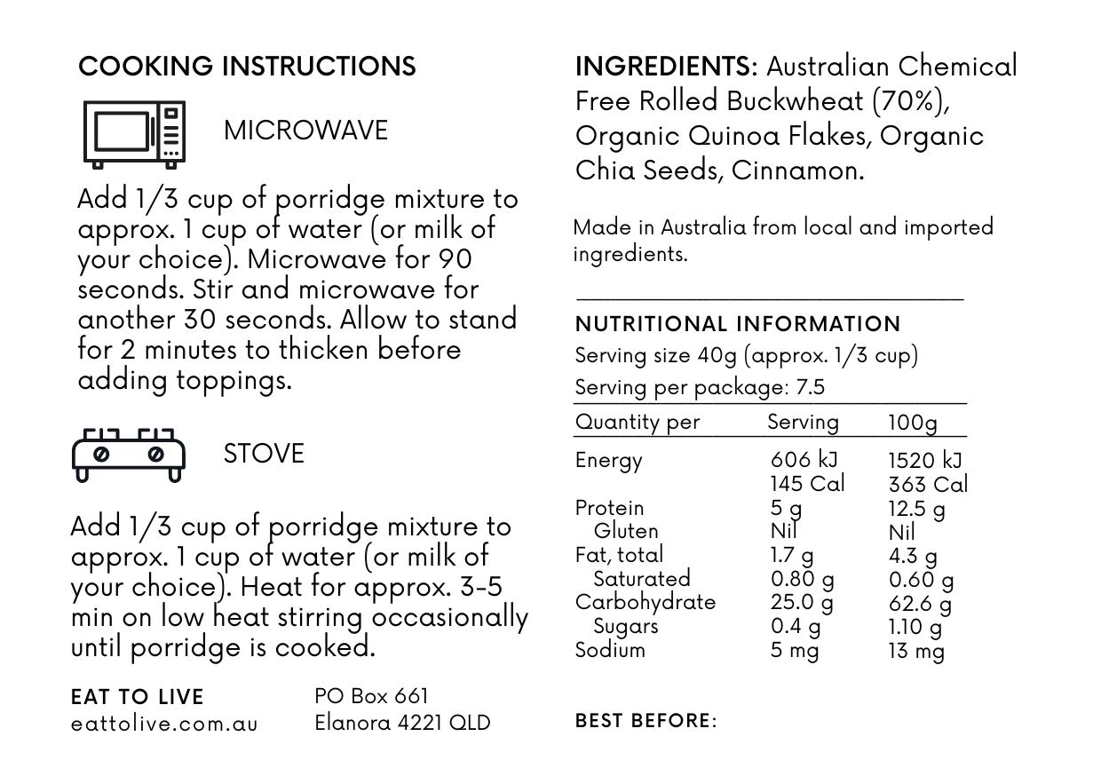 Gluten Free Porridge - Buckwheat, Quinoa & Chia (Grain Free, Sugar Free, Australian Made)