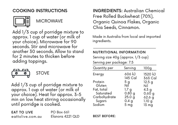 Gluten Free Porridge - Buckwheat, Quinoa & Chia (Grain Free, Sugar Free, Australian Made)