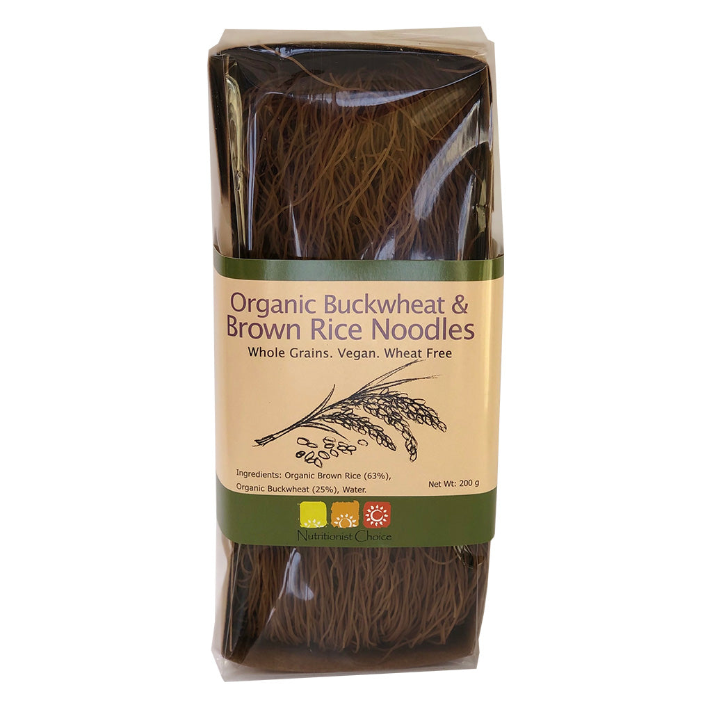 Organic buckwheat and browns rice noodles. Gluten Free, Vegan, Wheat Free.